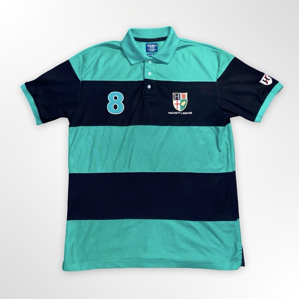 Hackett London Polo Shirt Mens XL Green Black Striped Rugby Style Classic Fit